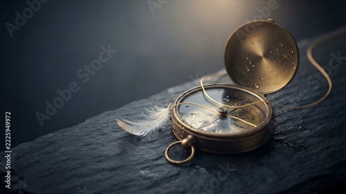 Vintage brass compass with white feather and water drops