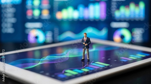Miniature businessman standing on tablet screen showing colorful data analytics charts and graphs, business intelligence and data analysis concept