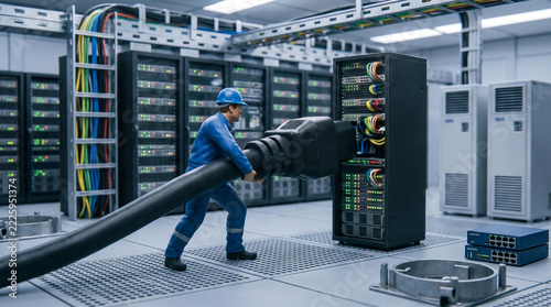 Miniature network technician in blue uniform and hard hat plugging huge cable into server rack in data center, IT infrastructure and networking concept