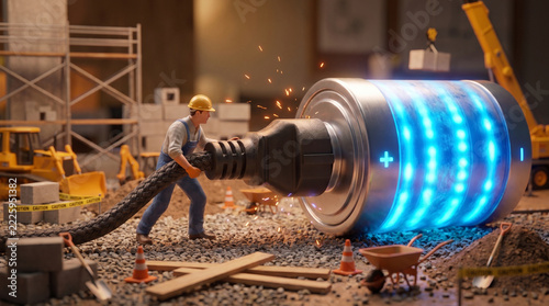 Miniature construction worker in hard hat plugging giant power cable into glowing blue battery at building site, energy storage and renewable power concept