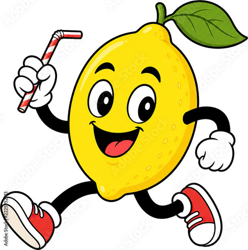 Smiling yellow lemon mascot with green leafy stem raises striped red and white drinking straw, showing bright eyes, cheerful grin and playful cartoon style for drink, juice and refreshment themes
