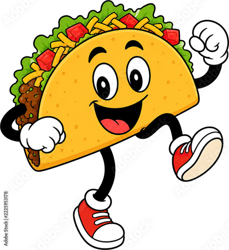 Happy taco mascot raises gloved hand and kicks one sneaker outward, smiling wide in colorful cartoon food illustration with lettuce, tomato, cheese, meat filling, and transparent background