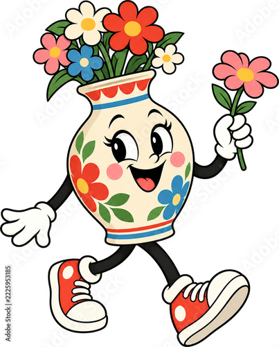 Smiling floral vase mascot offers pink flower while carrying bouquet, combining vintage folk art decoration with lively cartoon features, white gloves and red shoes on transparent background