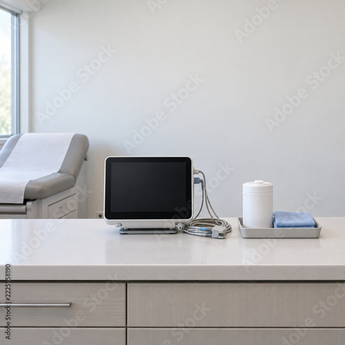Vital Signs Monitor Beside Cleaning Supplies on an Examination Counter