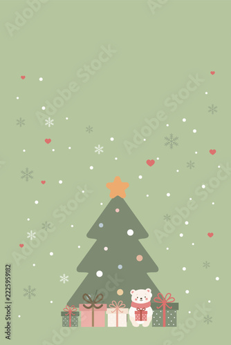 Cute Christmas Background with Decorated Tree and Polar Bear