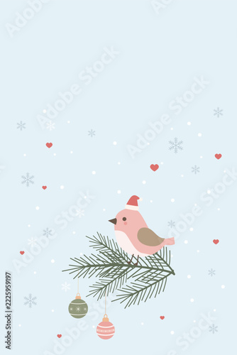 Cute Christmas Card Template with Cartoon Bird on Pine Branch