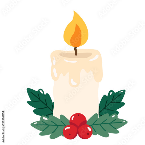 Cream Christmas Candle with Holly Berries and Green Leaves