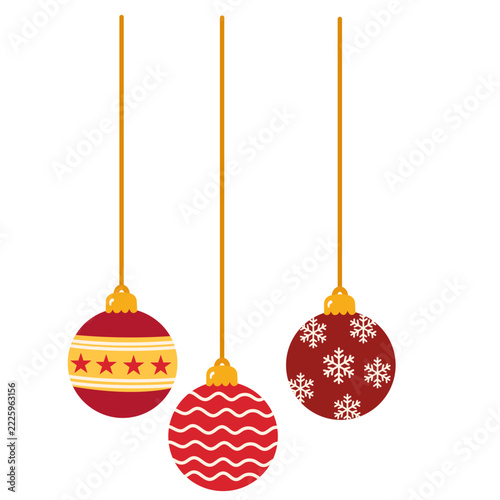 Three Hanging Christmas Baubles with Red, Green and Gold Patterns