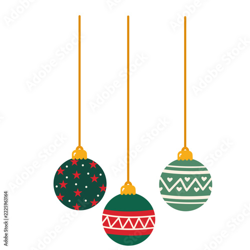 Three Hanging Christmas Ornaments with Red Stars and Green Geometric Patterns