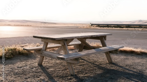 A weathered wooden picnic table stands alone beside a quiet highway in a dry  open landscape under soft daylight