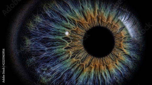Macro shot of a human eye, showcasing intricate details of the iris with vibrant colors.