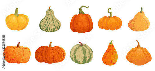 Halloween gourd collection with carved lanterns and harvest vegetables. Whimsical icons featuring orange squash, decorative patterns, and festive autumn celebration elements in vector format