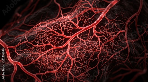 Dense network of red capillaries spreading across tissue