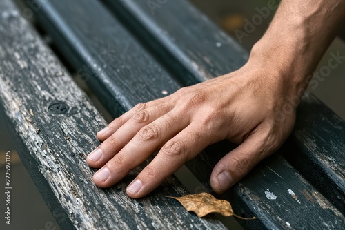 Captures Close Of Human Hand Resting On Weathered Wooden Bench To Belong Adult With Signs Aging As Wrinkles Creases Skin Nails Neatly