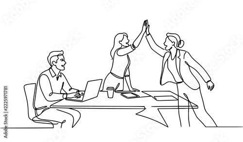 Fotografie Minimalist One Line Art of Startup Colleagues High Fiving at Work