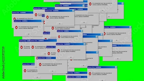 Retro Computer Error Dialog Popups Stacked Diagonally on Green Screen Background for Tech System Failure Concept