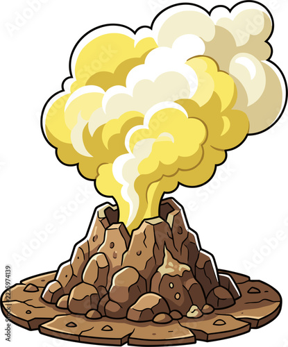 A pixel art illustration of a cartoon volcano erupting, spewing yellow smoke and ash clouds. The volcano sits on a base of cracked earth and rocks. Suitable as a game asset.