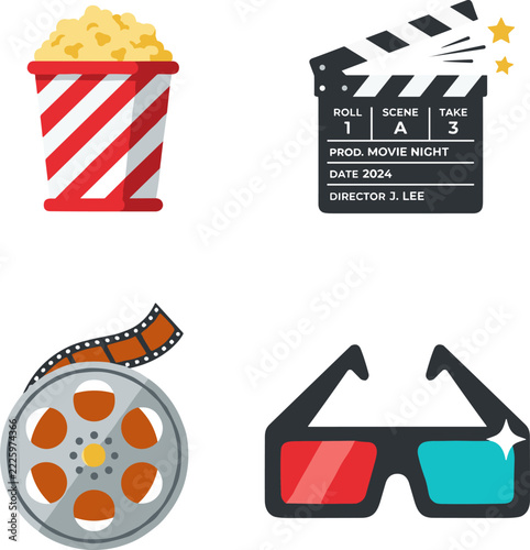 A collection of four flat pixel art icons representing cinema and entertainment. Includes a striped popcorn bucket, a movie clapperboard, a film reel with a strip of film, and red and cyan 3D glasses.