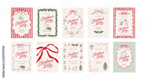 Christmas Hand Drawn Doodle Set with Festive Ornaments and decor elements. Vector print