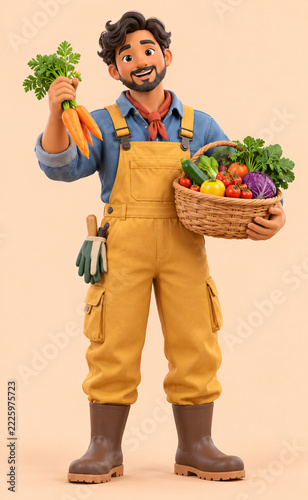 Friendly 3D farmer character holding fresh harvested vegetables basket Happy 3D gardener character presenting wooden box of organic vegetables. Generative AI
