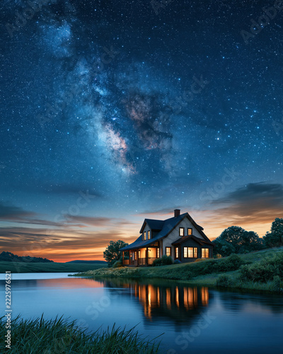 Cozy Lakeside Cottage Beneath Milky Way and Starry Night Sky Created with Generative AI Technology AI Generative