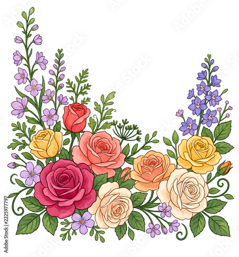 Floral Corner Border Illustration with Colorful Roses and Wildflowers