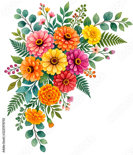 Watercolor Colorful Zinnia and Marigold Flower Bouquet Illustration