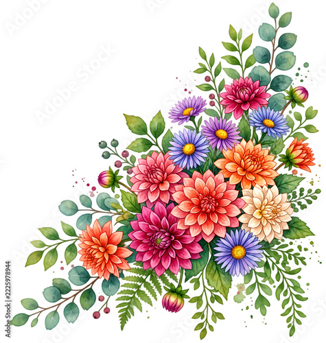 Watercolor Floral Corner Bouquet with Colorful Dahlias and Leaves