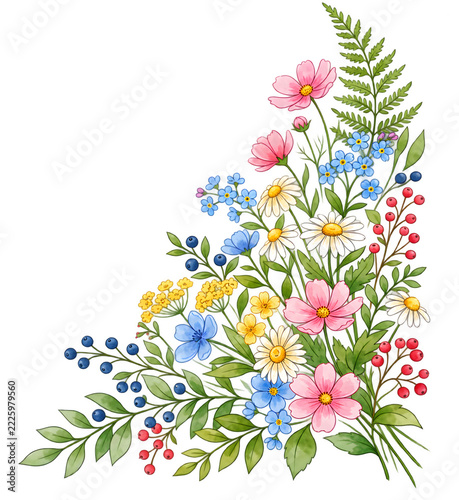 Watercolor Wildflower Corner Bouquet with Pink Cosmos and Berries