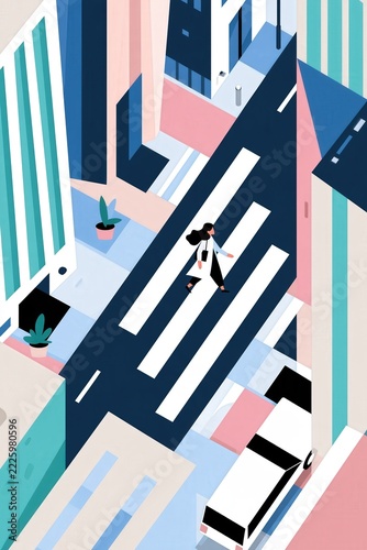 Woman walks across a pedestrian crossing in a modern city.