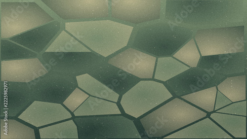 Abstract green and yellow geometric cell pattern with fine dusty grain texture for a decorative landscape-oriented digital background or illustrative backdrop