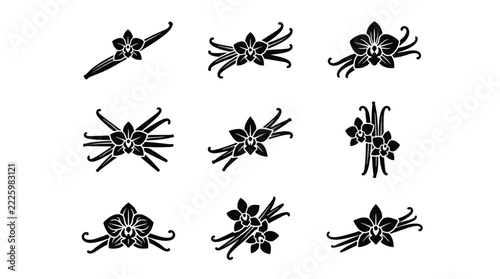 Black vanilla orchid flower and bean pod silhouette set