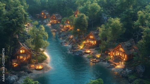 Aerial View Of A Glowing Riverside Village Hidden Within A Lush Forest At Night