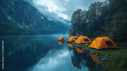 Bright Orange Tents Camped Beside A Calm Alpine Lake Under Moody Cloud Cover In A Dense Forest