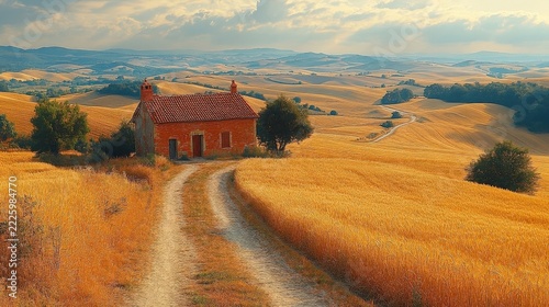 Small Red Roof Cottage In Golden Wheat Fields With Gravel Path Under Warm Sunlight