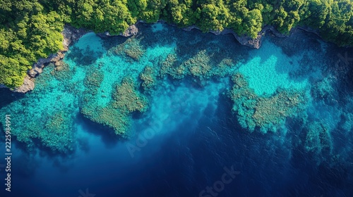 Aerial View Of Tropical Coral Reef With Shallow Turquoise Water And Green Coastal Mangrove Forest