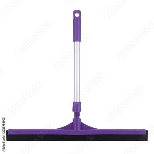 Purple floor squeegee with a long aluminium handle, a hanging loop, a wide T-shaped head and a black rubber blade, isolated on transparent background