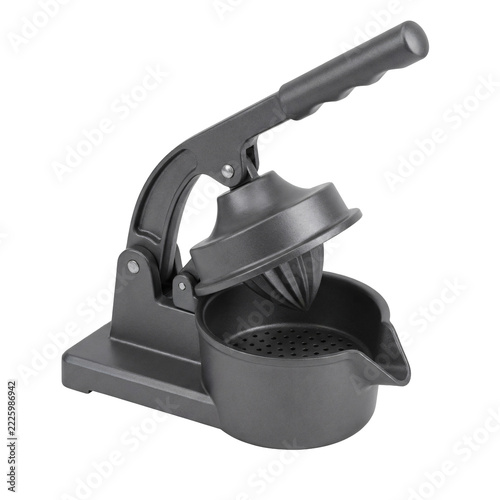 Manual lever citrus juicer press in dark grey with a hinged ribbed cone cup, a long handle and a perforated bowl with a pouring spout, isolated on transparent background
