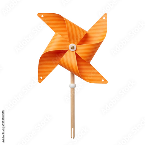 Orange paper pinwheel beach windmill with striped folded vanes pinned to a center hub on a wooden stick, isolated on transparent background