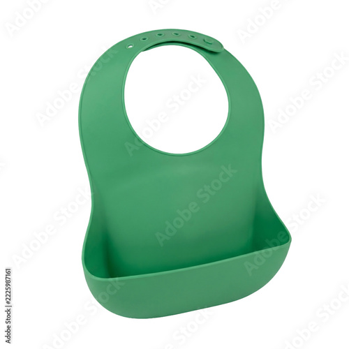 Green silicone baby feeding bib with a wide curved catch pocket, a raised lip and an adjustable snap strap neck opening, isolated on transparent background
