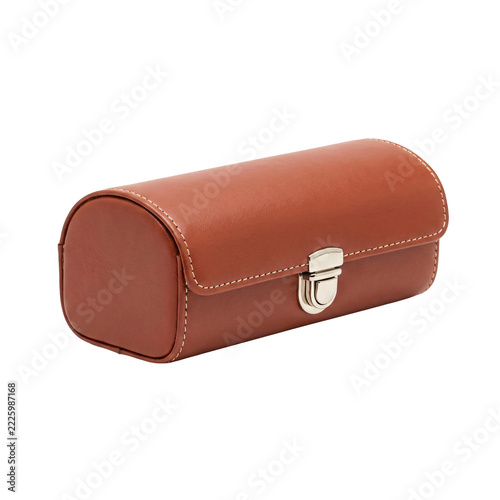 Brown leather clamshell spectacle case with a metal snap clasp, rounded corners and cream contrast stitching, isolated on transparent background
