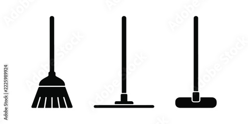 Set of Simple Vector Icons Featuring Various Types of Cleaning Tools Like Brooms and Mops for Housework and Domestic Sanitation Tasks