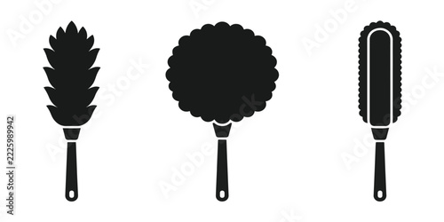 Black silhouette duster icons set including feather brush and mop floor icon tools for surface dust removal maintenance tasks