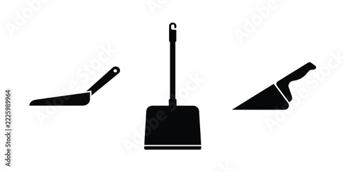 Set of dustpan icons, black silhouette cleaning tools symbols isolated on white background
