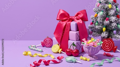Christmas Gift Stack with Pink Bow and Candies on Purple Background