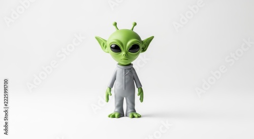 Minimalist green alien figure in grey jumpsuit isolated on white background
