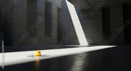 A small yellow rubber duck sitting in a spotlight inside a large brutalist concrete hall