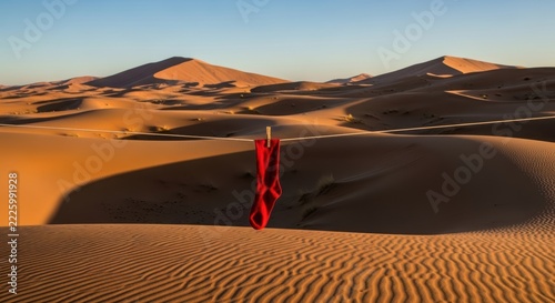 A single red sock hanging on a clothesline in the middle of the Sahara Desert sand dunes