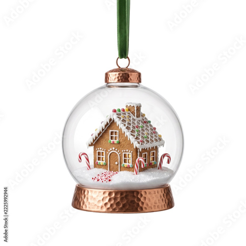 Gingerbread house ornament with candy canes in snow during holiday season isolated on transparent background