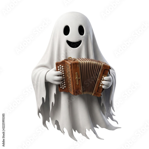 Joyful cartoon ghost playing a vintage accordion with a friendly smile Isolated on transparent background